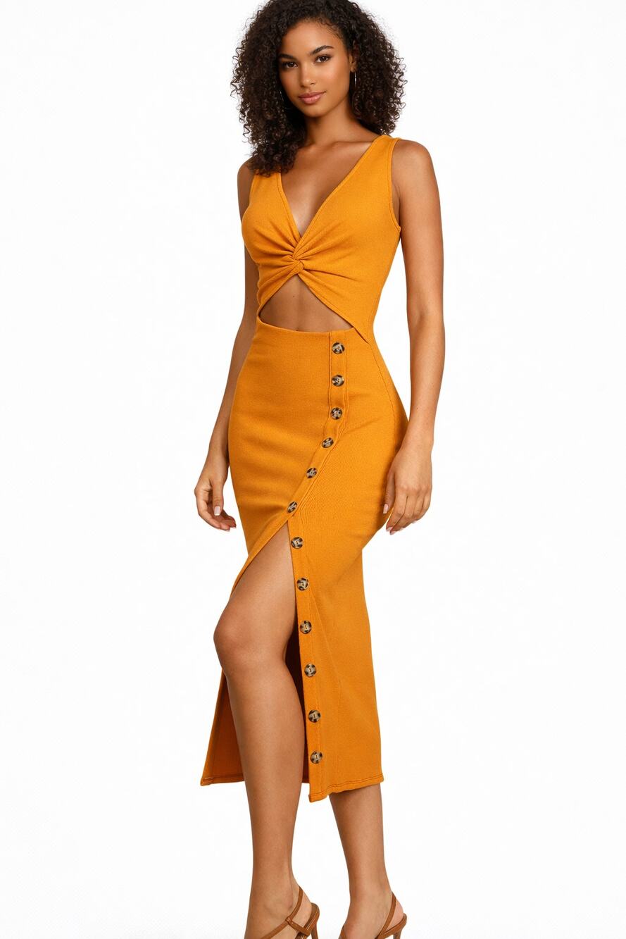 Lulus Trend Seeker Orange Ribbed Twist Front Cutout Midi Dress Womens Medium New